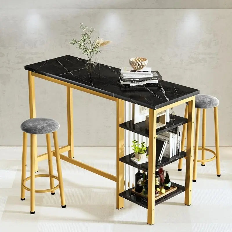 Table de Bar Effet Marbre avec Tabourets Rembourrés & Étagères de Rangement — Ensemble de 3 Pièces pour Salle à Manger