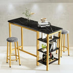 Table de Bar Effet Marbre avec Tabourets Rembourrés & Étagères de Rangement — Ensemble de 3 Pièces pour Salle à Manger