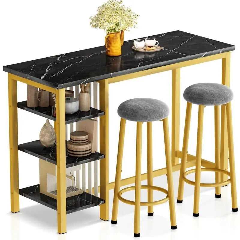 Table de Bar Effet Marbre avec Tabourets Rembourrés & Étagères de Rangement — Ensemble de 3 Pièces pour Salle à Manger