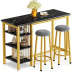 Table de Bar Effet Marbre avec Tabourets Rembourrés & Étagères de Rangement — Ensemble de 3 Pièces pour Salle à Manger