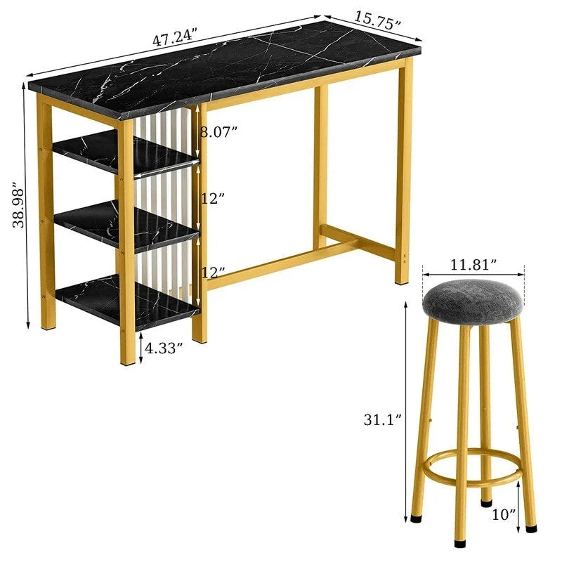 Table de Bar Effet Marbre avec Tabourets Rembourrés & Étagères de Rangement — Ensemble de 3 Pièces pour Salle à Manger