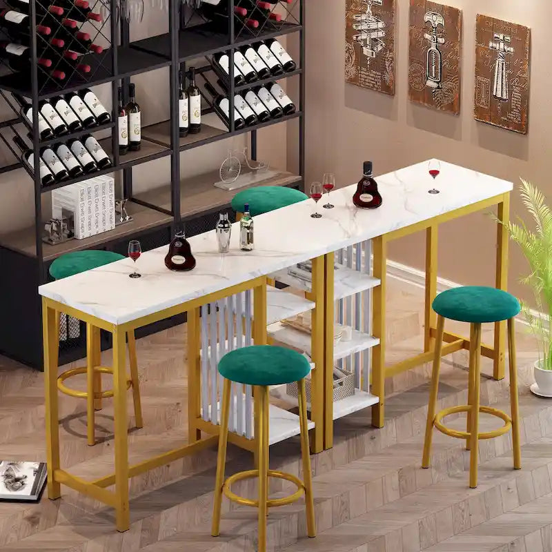 Table de Bar Effet Marbre avec Tabourets Rembourrés & Étagères de Rangement — Ensemble de 3 Pièces pour Salle à Manger