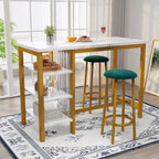Table de Bar Effet Marbre avec Tabourets Rembourrés & Étagères de Rangement — Ensemble de 3 Pièces pour Salle à Manger