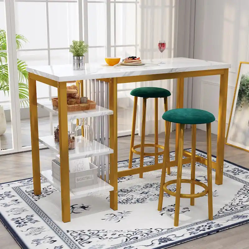 Table de Bar Effet Marbre avec Tabourets Rembourrés & Étagères de Rangement — Ensemble de 3 Pièces pour Salle à Manger