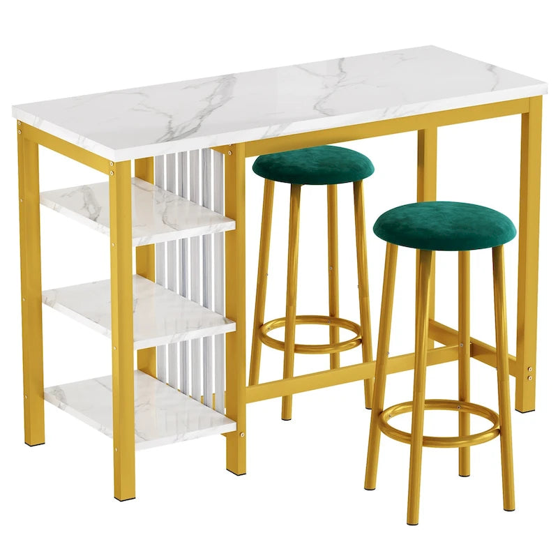 Table de Bar Effet Marbre avec Tabourets Rembourrés & Étagères de Rangement — Ensemble de 3 Pièces pour Salle à Manger