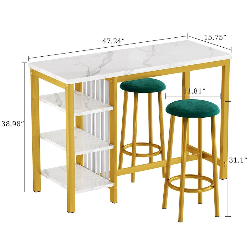 Table de Bar Effet Marbre avec Tabourets Rembourrés & Étagères de Rangement — Ensemble de 3 Pièces pour Salle à Manger