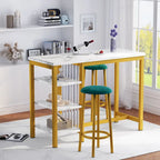 Table de Bar Effet Marbre avec Tabourets Rembourrés & Étagères de Rangement — Ensemble de 3 Pièces pour Salle à Manger