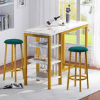 Table de Bar Effet Marbre avec Tabourets Rembourrés & Étagères de Rangement — Ensemble de 3 Pièces pour Salle à Manger