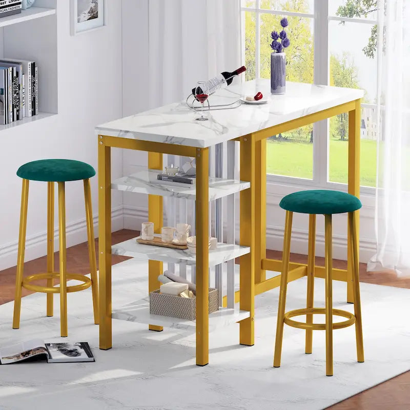 Table de Bar Effet Marbre avec Tabourets Rembourrés & Étagères de Rangement — Ensemble de 3 Pièces pour Salle à Manger