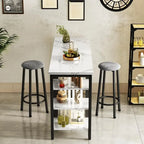 Table de Bar Effet Marbre avec Tabourets Rembourrés & Étagères de Rangement — Ensemble de 3 Pièces pour Salle à Manger