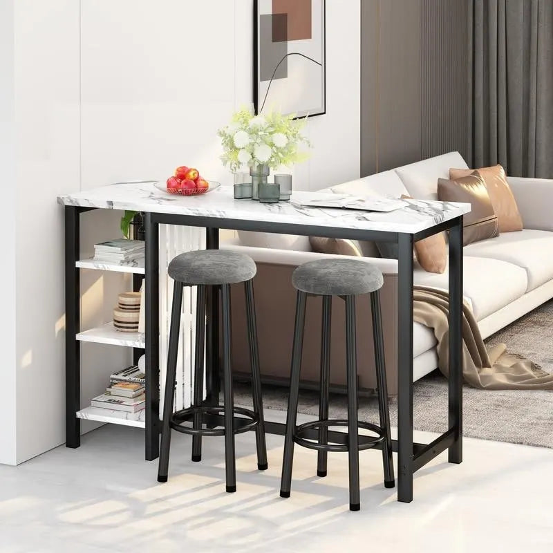 Table de Bar Effet Marbre avec Tabourets Rembourrés & Étagères de Rangement — Ensemble de 3 Pièces pour Salle à Manger