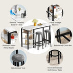 Table de Bar Effet Marbre avec Tabourets Rembourrés & Étagères de Rangement — Ensemble de 3 Pièces pour Salle à Manger