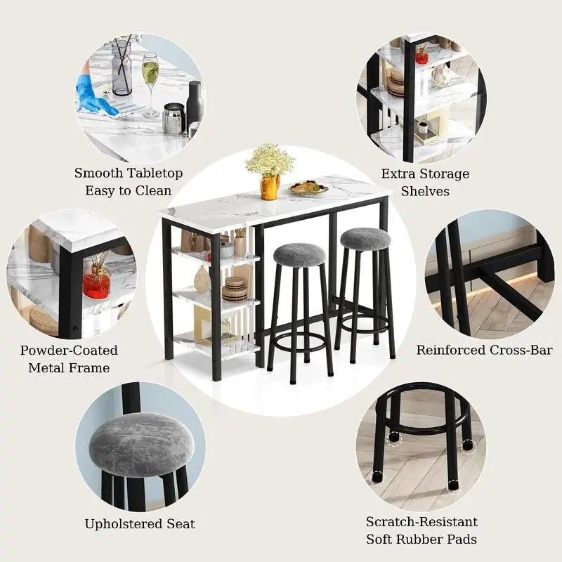 Table de Bar Effet Marbre avec Tabourets Rembourrés & Étagères de Rangement — Ensemble de 3 Pièces pour Salle à Manger