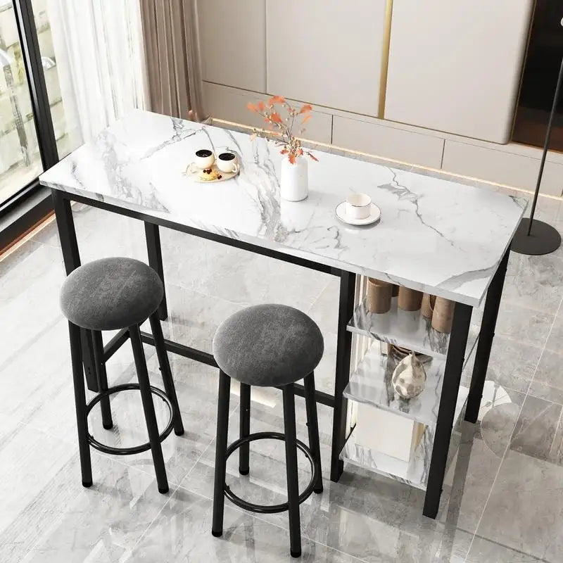Table de Bar Effet Marbre avec Tabourets Rembourrés & Étagères de Rangement — Ensemble de 3 Pièces pour Salle à Manger
