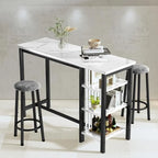 Table de Bar Effet Marbre avec Tabourets Rembourrés & Étagères de Rangement — Ensemble de 3 Pièces pour Salle à Manger