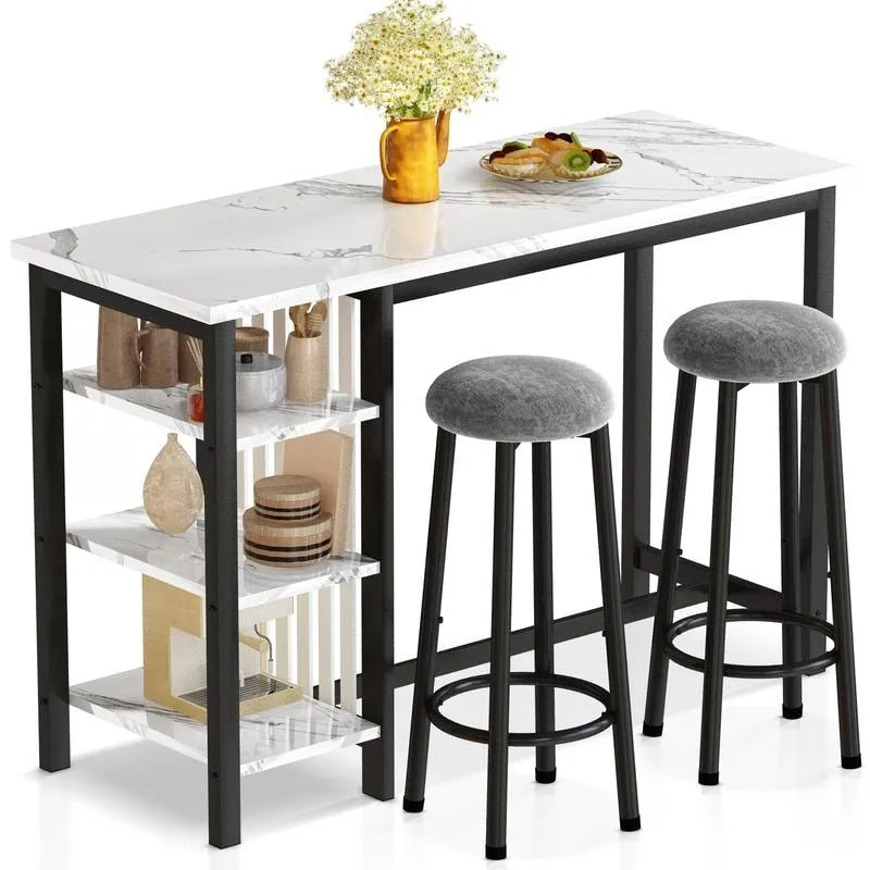 Table de Bar Effet Marbre avec Tabourets Rembourrés & Étagères de Rangement — Ensemble de 3 Pièces pour Salle à Manger