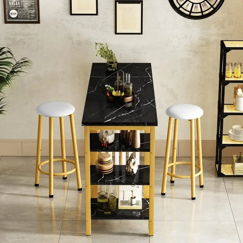 Table de Bar Effet Marbre avec Tabourets Rembourrés & Étagères de Rangement — Ensemble de 3 Pièces pour Salle à Manger