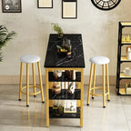 Table de Bar Effet Marbre avec Tabourets Rembourrés & Étagères de Rangement — Ensemble de 3 Pièces pour Salle à Manger