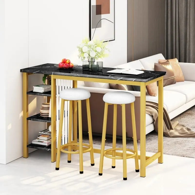 Table de Bar Effet Marbre avec Tabourets Rembourrés & Étagères de Rangement — Ensemble de 3 Pièces pour Salle à Manger