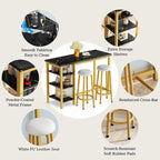 Table de Bar Effet Marbre avec Tabourets Rembourrés & Étagères de Rangement — Ensemble de 3 Pièces pour Salle à Manger