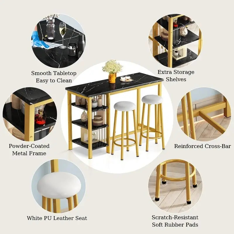 Table de Bar Effet Marbre avec Tabourets Rembourrés & Étagères de Rangement — Ensemble de 3 Pièces pour Salle à Manger