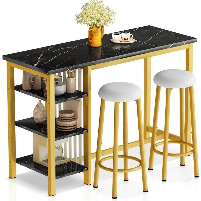 Table de Bar Effet Marbre avec Tabourets Rembourrés & Étagères de Rangement — Ensemble de 3 Pièces pour Salle à Manger
