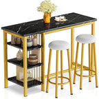 Table de Bar Effet Marbre avec Tabourets Rembourrés & Étagères de Rangement — Ensemble de 3 Pièces pour Salle à Manger