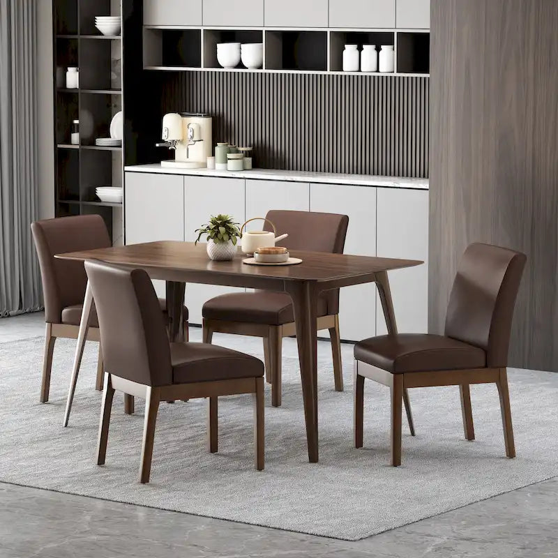 Chaises de salle à manger sans accoudoirs rembourrées avec pieds en bois d'hévéa — Similicuir marron foncé