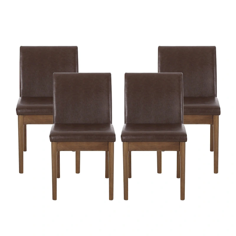 Chaises de salle à manger sans accoudoirs rembourrées avec pieds en bois d'hévéa — Similicuir marron foncé