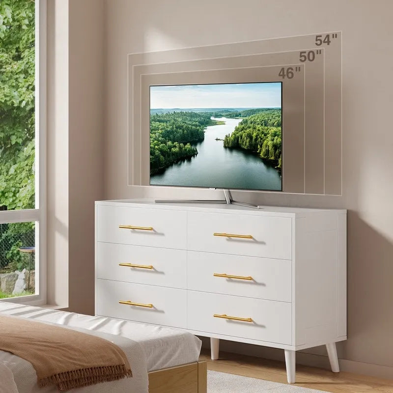 Commode double en bois à 6 tiroirs — Commode de chambre à coucher, de salon et d'entrée avec support TV