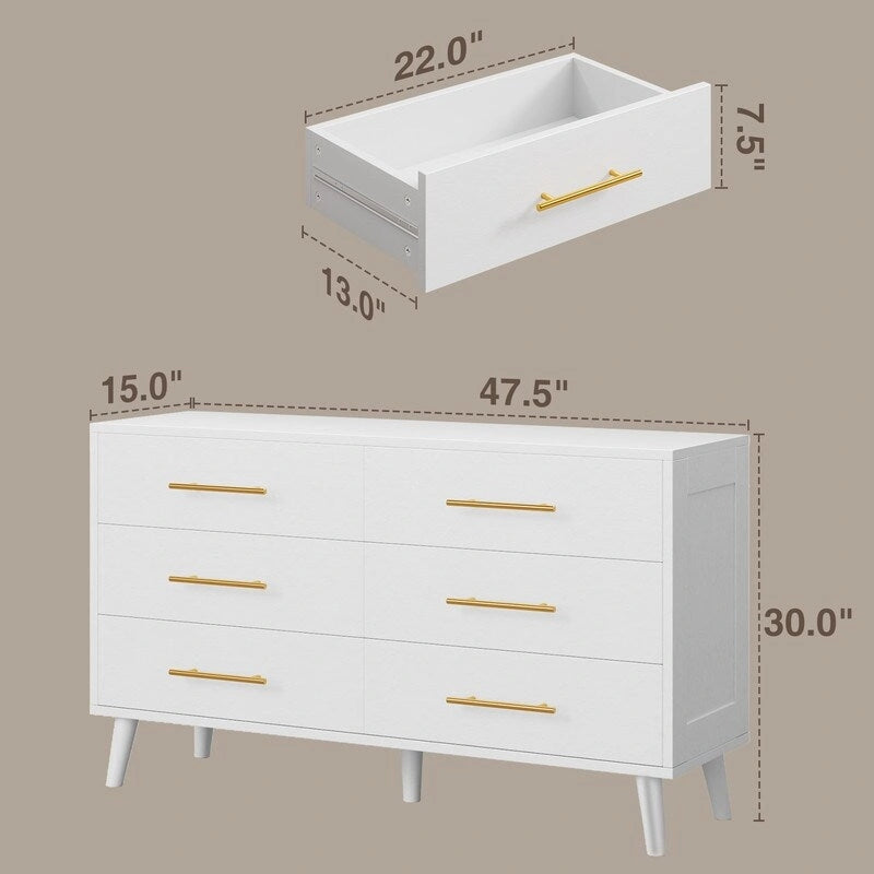 Commode double en bois à 6 tiroirs — Commode de chambre à coucher, de salon et d'entrée avec support TV