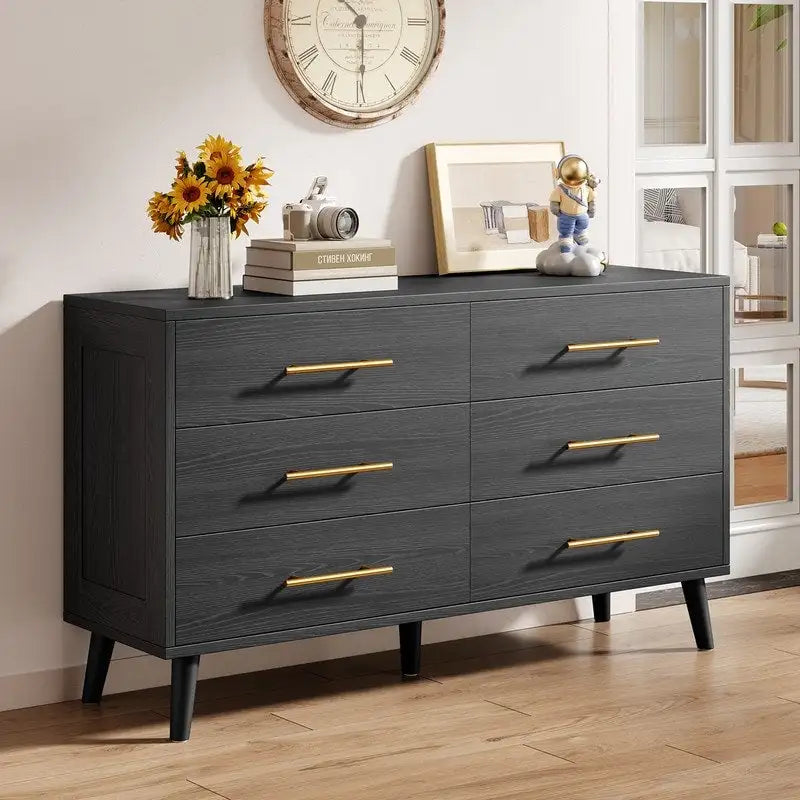 Commode double en bois à 6 tiroirs — Commode de chambre à coucher, de salon et d'entrée avec support TV