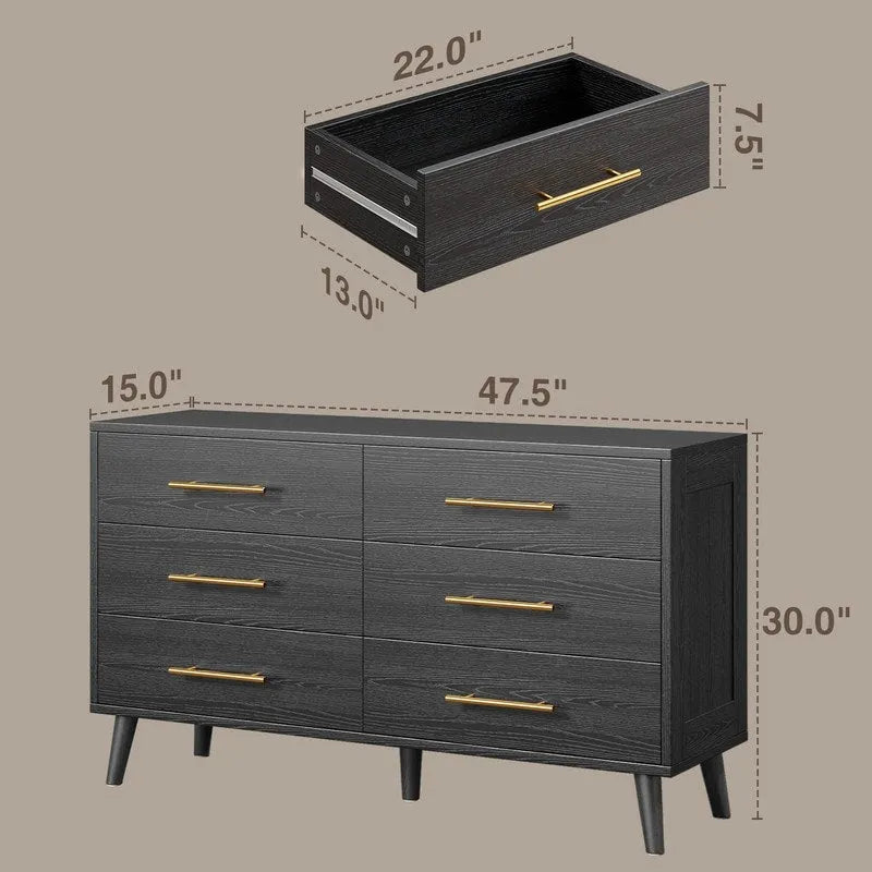 Commode double en bois à 6 tiroirs — Commode de chambre à coucher, de salon et d'entrée avec support TV