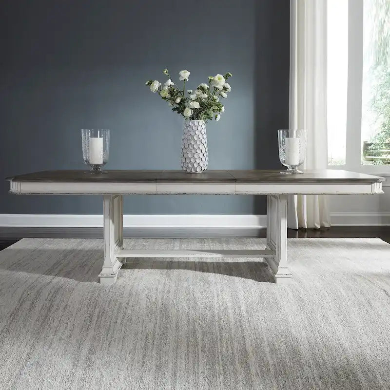 Table de salle à manger à tréteaux brun vieilli et blanc antique — Style ferme