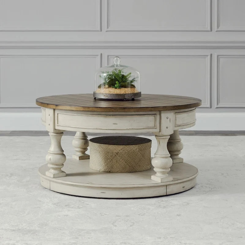 Table basse ronde bicolore, blanc antique et tabac — Table basse de salon