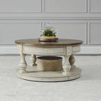 Table basse ronde bicolore, blanc antique et tabac — Table basse de salon