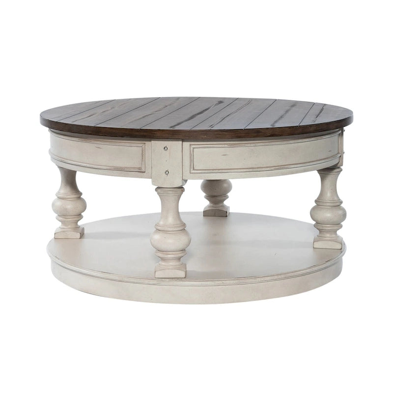 Table basse ronde bicolore, blanc antique et tabac — Table basse de salon