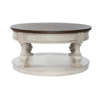 Table basse ronde bicolore, blanc antique et tabac — Table basse de salon