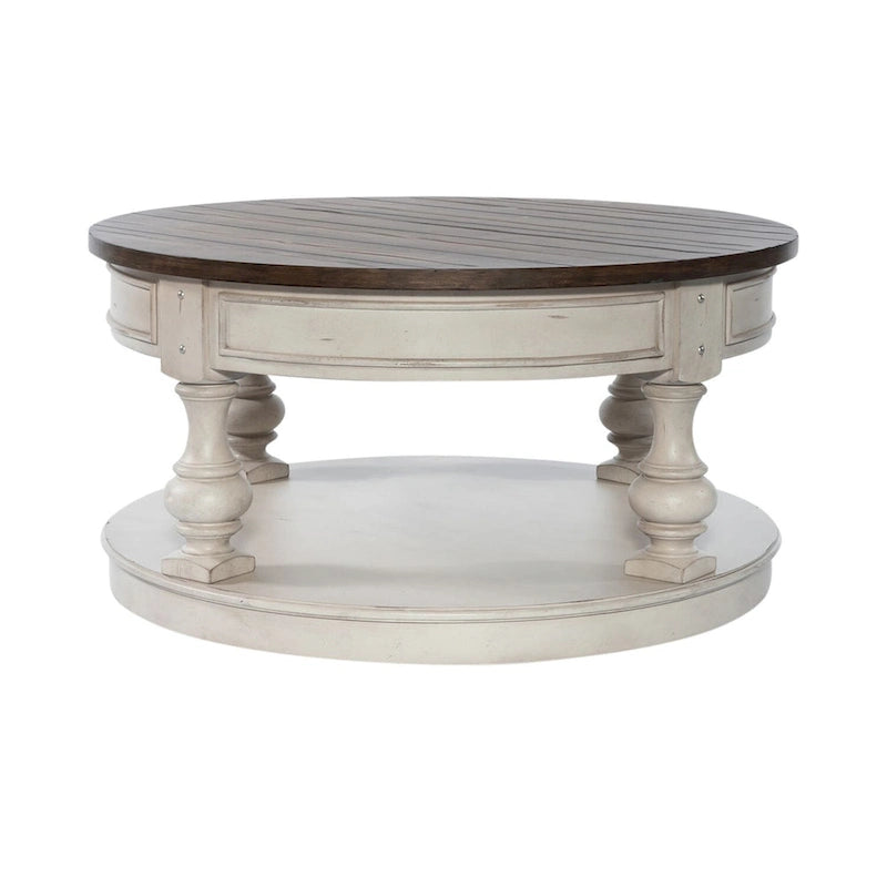 Table basse ronde bicolore, blanc antique et tabac — Table basse de salon