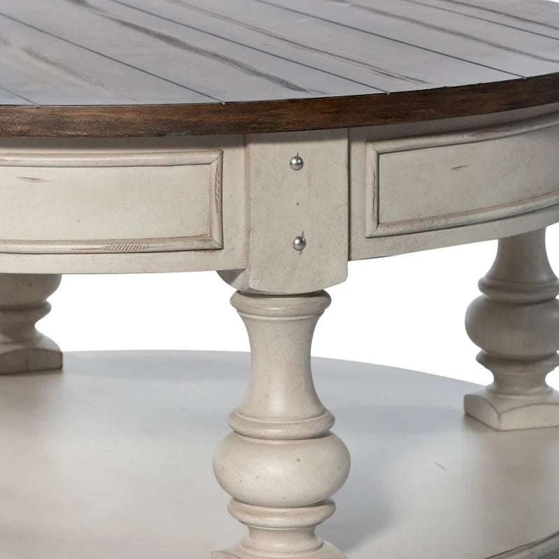 Table basse ronde bicolore, blanc antique et tabac — Table basse de salon
