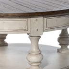 Table basse ronde bicolore, blanc antique et tabac — Table basse de salon