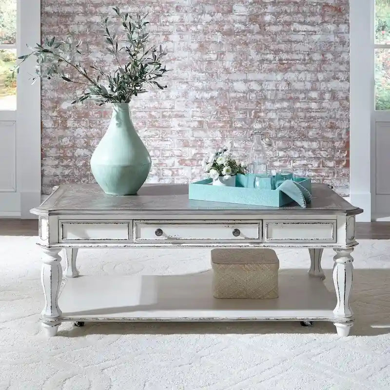 Table basse rectangulaire blanc antique — Table basse de salon
