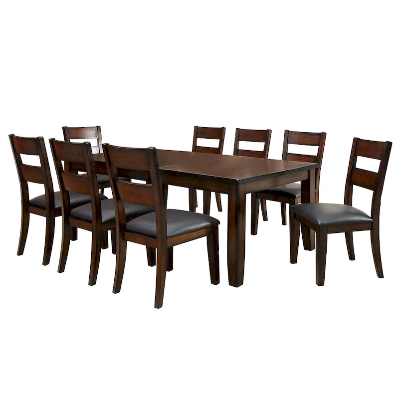 Table de salle à manger transitionnelle en bois d'acacia couleur cerisier foncé avec 8 chaises à dossier ajouré
