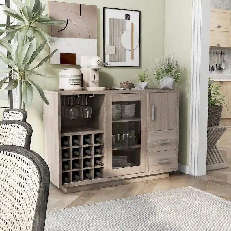 Buffet de salle à manger moderne en bois avec étagères et tiroirs de rangement — Meuble de cuisine