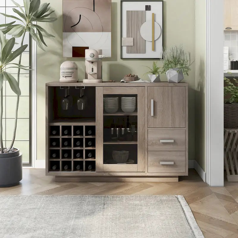 Buffet de salle à manger moderne en bois avec étagères et tiroirs de rangement — Meuble de cuisine