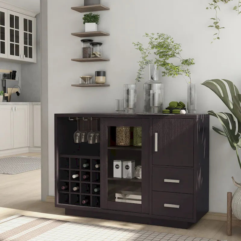 Buffet de salle à manger moderne en bois avec étagères et tiroirs de rangement — Meuble de cuisine