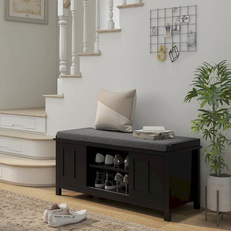 Banc à chaussures d'entrée avec rangements, ottoman et assise capitonnée, étagères réglables