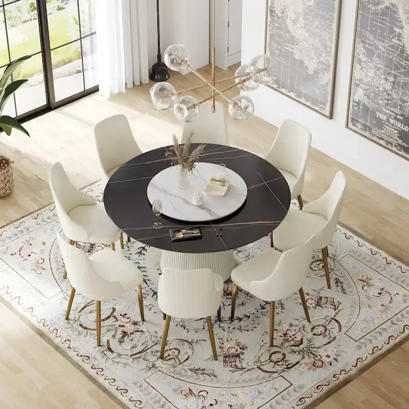 Table à manger ronde moderne de 150 cm pour 8 personnes — Plateau en pierre frittée noire avec plateau tournant