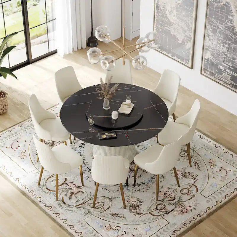 Table à manger ronde moderne de 150 cm pour 8 personnes — Plateau en pierre frittée noire avec plateau tournant