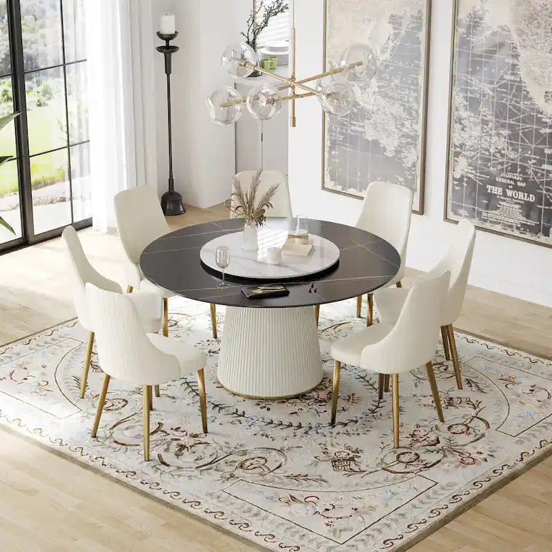 Table à manger ronde moderne de 150 cm pour 8 personnes — Plateau en pierre frittée noire avec plateau tournant
